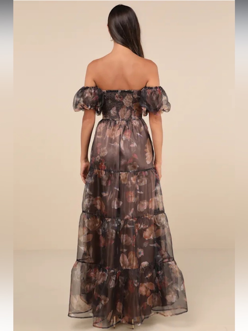 Lulus Exquisite Brown Finesse Floral Organza Off The Shoulder Maxi Dress NWT XL - Picture 3 of 16